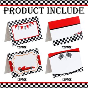 Affrolling 48 Pcs Race Car Food Labels Signs Folded Place Cards for Table Setting Blank Name Cards Birthday Party First Lap Around The Track Birthday Decorations