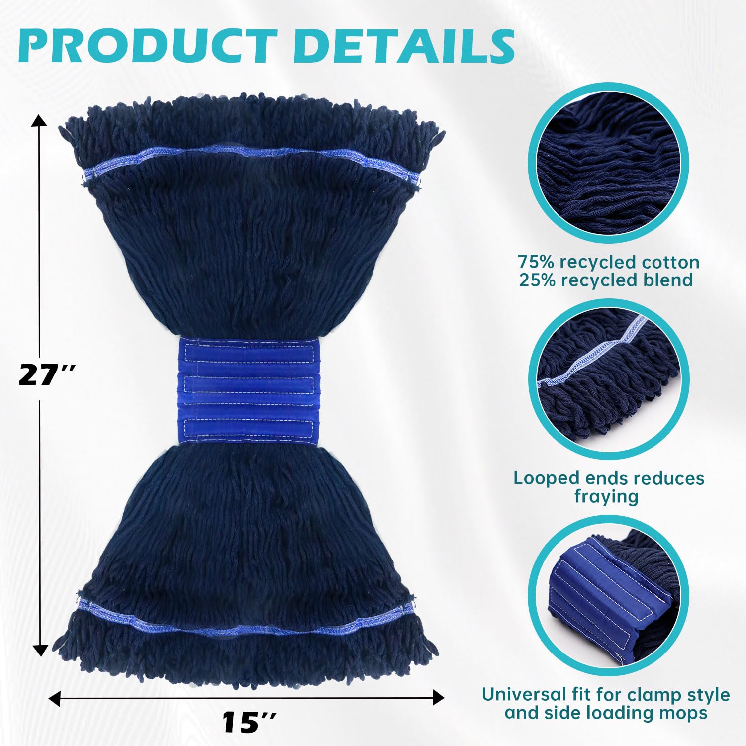 3 Pack Heavy Duty Commercial Mop Head Replacement for Floor Cleaning, Wet Industrial Cotton Looped End String Cleaning Mop Head Refill for Home/Industrial/Commercial Cleaning (Blue)