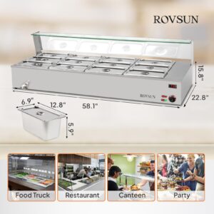 ROVSUN 96QT Steam Table, 12-Pan Electric Commercial Food Warmer Stainless Steel Bain Marie Countertop w/Glass Shield Temperature Control & Lid for Buffet Party Catering Restaurant 8QT/Pan 1500W 110V