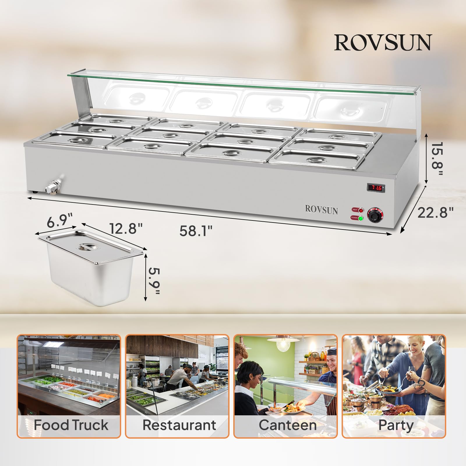 ROVSUN 96QT Steam Table, 12-Pan Electric Commercial Food Warmer Stainless Steel Bain Marie Countertop w/Glass Shield Temperature Control & Lid for Buffet Party Catering Restaurant 8QT/Pan 1500W 110V