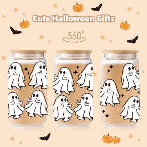 Halloween Ghost Glass Cups With Lid & Straw - 16 oz Spooky Halloween Iced Coffee Tumbler, Cute Halloween Gifts for Women, Teens Girls, Boo Basket Stuffers Items, Include 2 Silicone Straw Covers