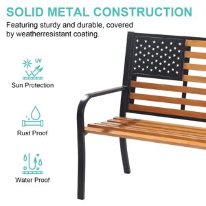 QUYZE 50”Outdor Bench, Cast Iron Metal Frame Garden Bench with American Flag Backrest,Thermoplastic Coated Patio Bench Slatted Park Bench for Porch Yard Lawn Deck