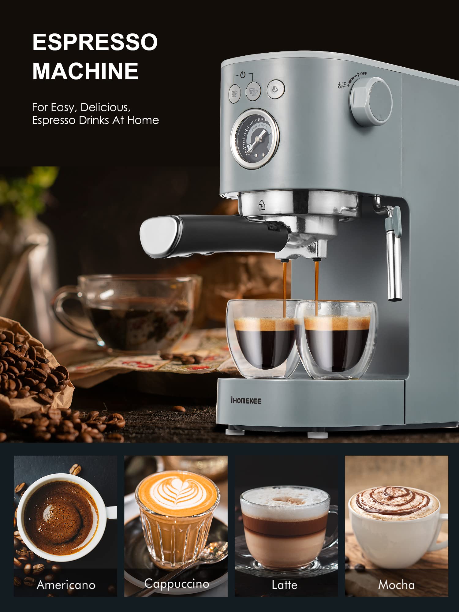 Ihomekee Espresso Machine Coffee Makers 15 Bar Cappuccino Machines with Milk Frother for Espresso/Cappuccino/Latte/Mocha (CM6927)