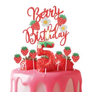 ininger strawberry 5th birthday candle,strawberry number happy birthday cake topper glitter strawberry cake pick for fruit theme baby shower kids birthday party strawberry cake decorations supplies