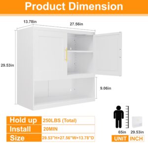 GAIOUS Metal Bathroom Wall Cabinet, Over Toilet Storage White with Open Shelf, Wall Mounted Medicine Cabinet with 2 Doors and Adjustable Shelves, Floor Cupboard for Kitchen Bedroom Living Dining Room