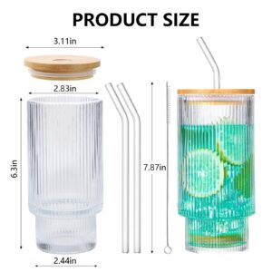 POYDORA 16 OZ Glass Cups with Lids and Straws, Vintage Ribbed Coffee Cups Drinking Glasses, Beer Glasses, Iced Coffee Glasses, Cute Tumbler Cup, Ideal for Whiskey,Cocktail,Wine (2 Pack)