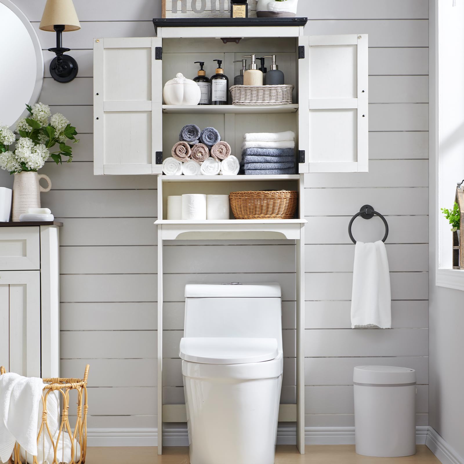 ACCOHOHO Over The Toilet Storage Cabinet, Farmhouse Bathroom Cabinet with Adjustable Shelf & Barn Door, 67" Tall Over The Toilet Shelf, Off White