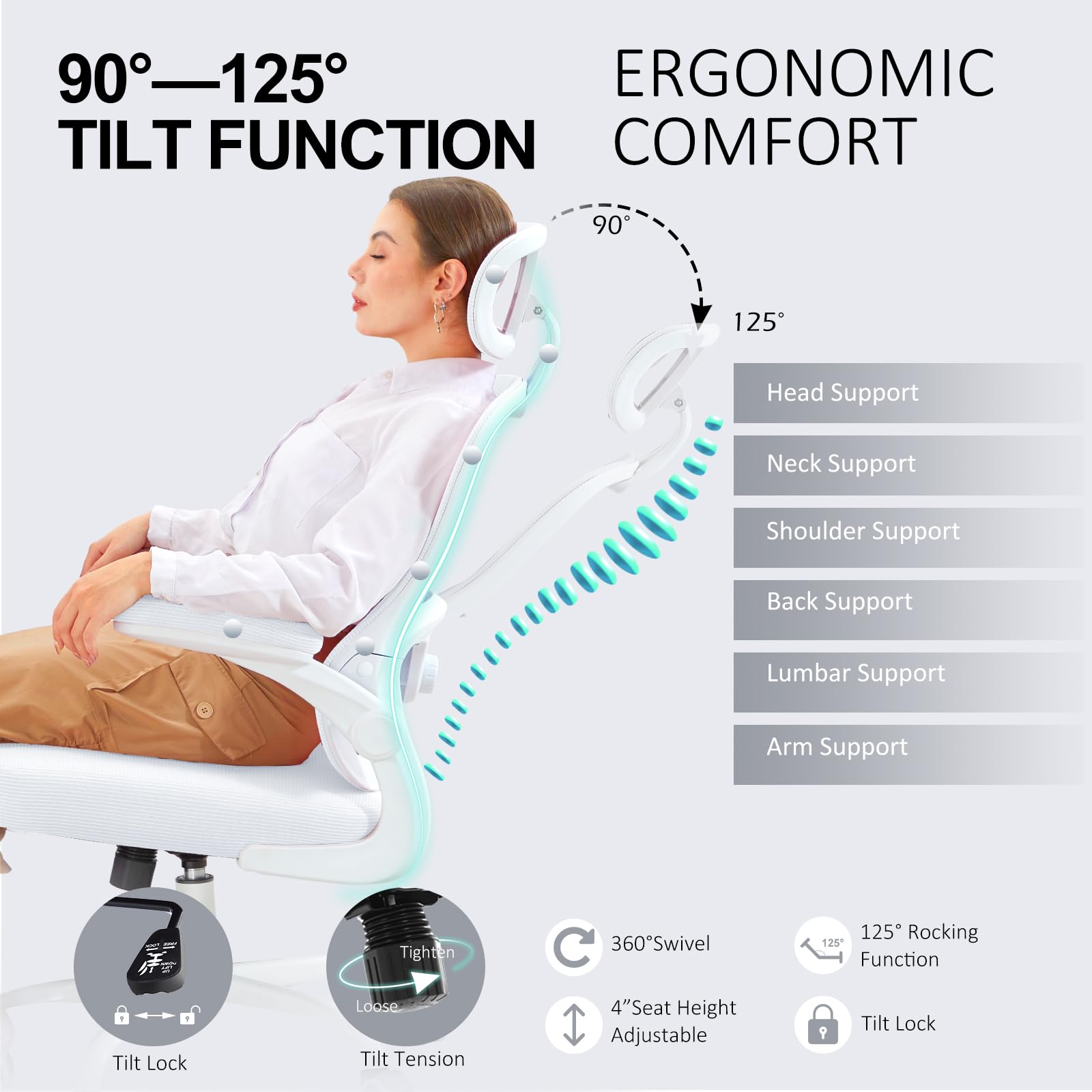 TUKAKA Ergonomic Office Chair,Ultra Thick Office Desk Chair with Adjustable Lumbar Support and Headrest,Spring Cushion,Rocking Function,Flip-up arms,Mesh Computer Chair for Home Office,White