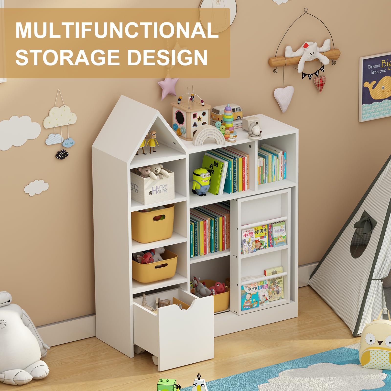 GarveeHome Toy and Book Organizer for Kids, Kids Toy Storage Organizer & Bookshelf, Multifunctional Storage Chest with 8 Storage Cubbies and Movable Drawers for Playroom, Kids Room, Living Room, White