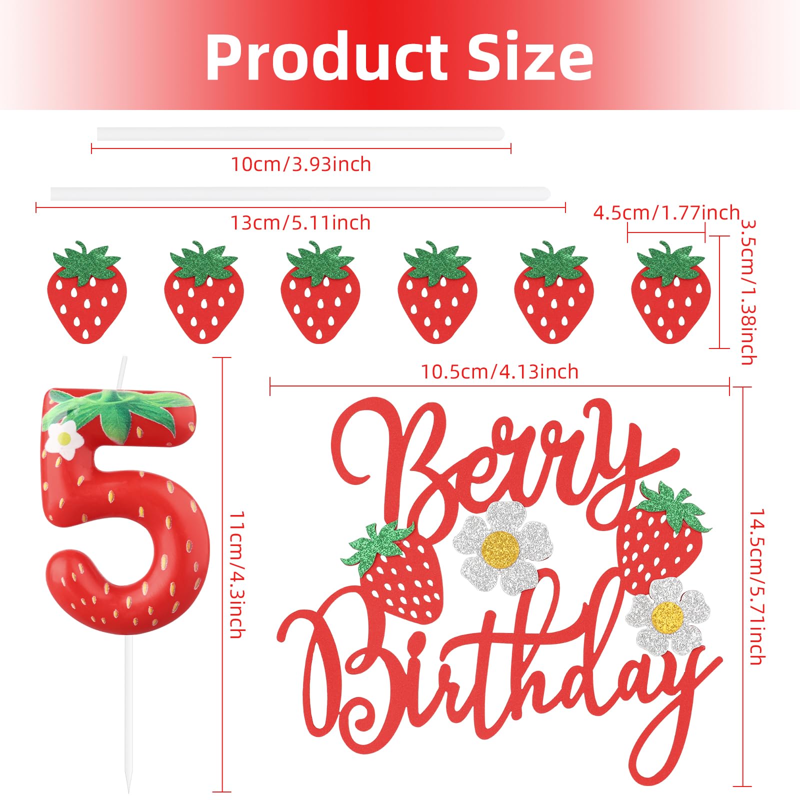 iNINGER Strawberry 5th Birthday Candle,Strawberry Number Happy Birthday Cake Topper Glitter Strawberry Cake Pick for Fruit Theme Baby Shower Kids Birthday Party Strawberry Cake Decorations Supplies