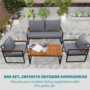 VISTYLE Patio Furniture Set 4-Piece Outdoor Metal Patio Conversation Set Modern Table Loveseat Chair with Soft Thick Washable Cushions for Garden Backyard Lawn Porch (Stainless Steel)