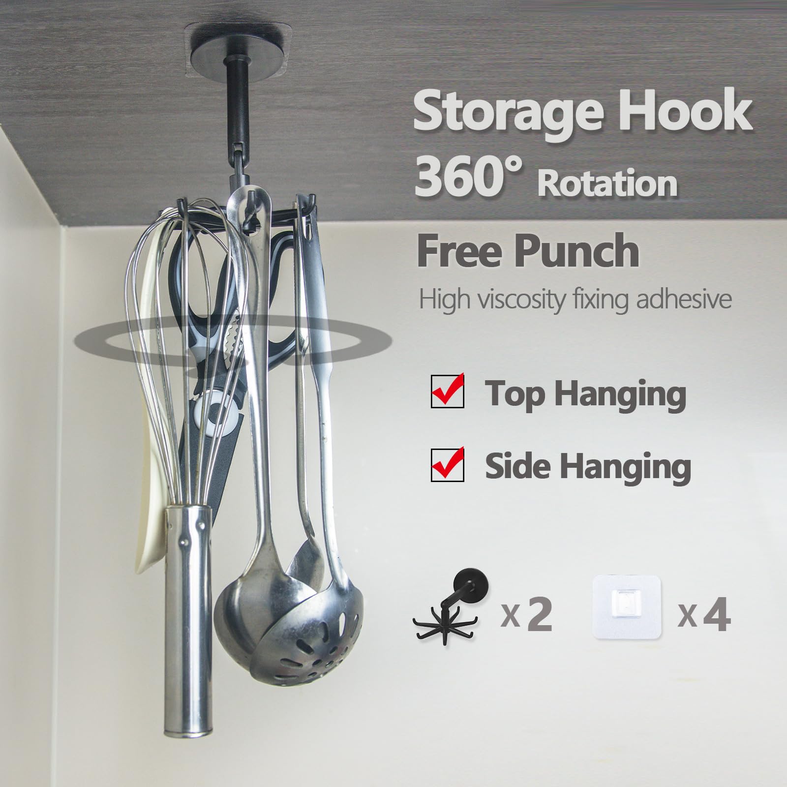 NORXUAZE Kitchen Wall Shelf Hooks,Under Cabinet Kitchen Utensil Hooks,Side Hanging 360° Rotating with 7 Hooks,Drilling Free Adhesive Utensils Rack for Tools/Towel/Oven Mitts/Bathroom, 2pcs(Black)