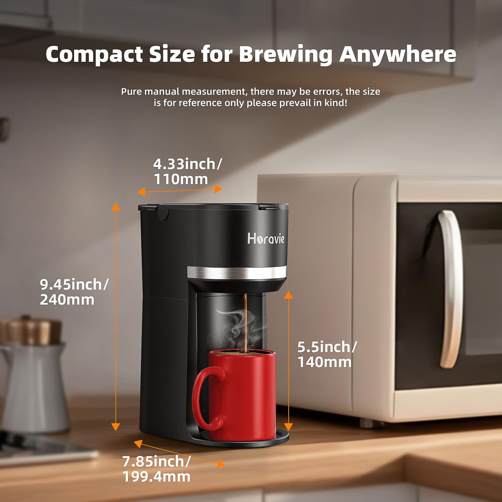 Horavie Mini Single Serve Coffee Maker for K Cup and Ground Coffee, Fast Brew One Cup Coffee Machine with Descaling Reminder and Water Window, 6 to 12 oz. Brew Sizes, Black