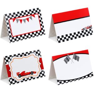 affrolling 48 pcs race car food labels signs folded place cards for table setting blank name cards birthday party first lap around the track birthday decorations