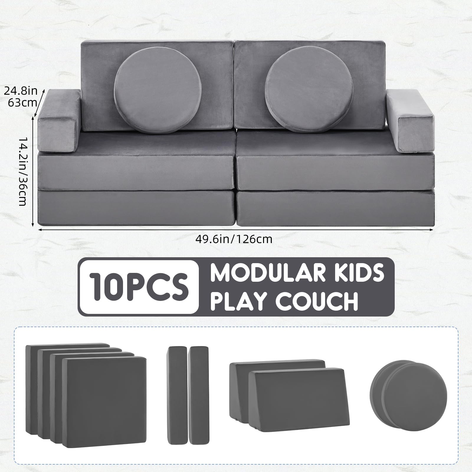 OFCASA 10PCS Modular Kids Play Couch, Toddler Baby Playroom | Bedroom Furniture for Playing, Children's Combo Sofa, Convertible Kids Sofa Couch with Soft Foam Sofa Cushions | Kids Fort Couch (Grey)