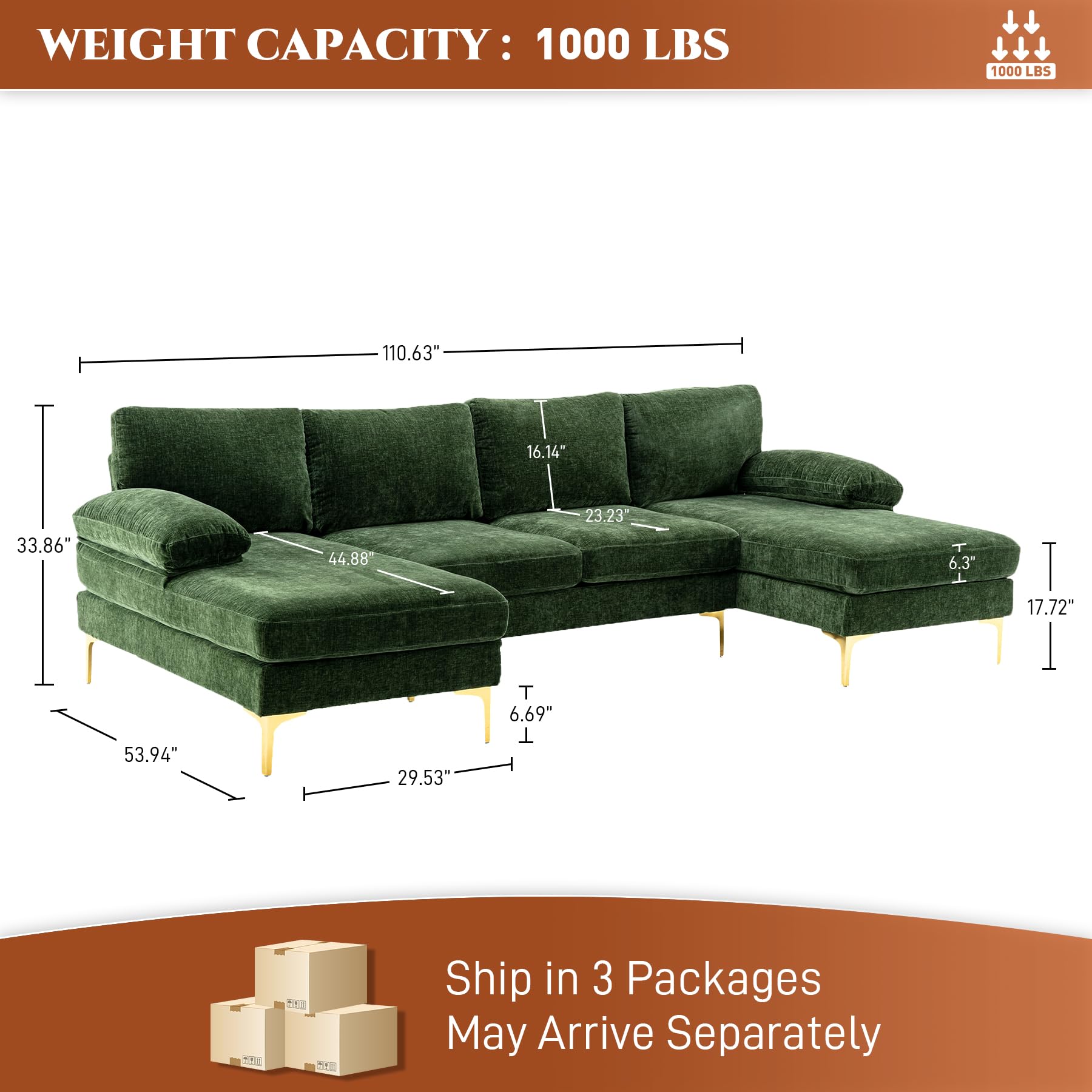 ONEMMLION U-Shaped Sectional Sofa Couch for Living Room, 4 Seat Sofa L-Shaped Chenille Sleeper Couch Set with Double Chaise Lounge,110.6 inches (Green)