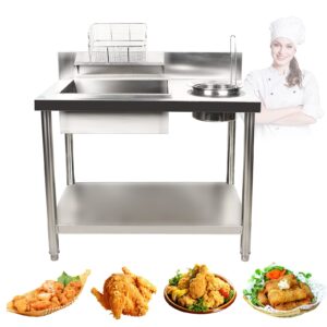 YUNLAIGOTOP Stainless Steel Work Table Fried Chicken Breading Table Commercial Food Prep Worktable Breading Table w/ 2 Basins+2 Baskets, Fried Food Prep Breader Station for Kitchen Restaurant Business