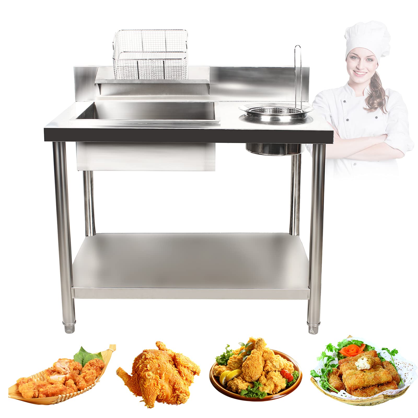 YUNLAIGOTOP Stainless Steel Work Table Fried Chicken Breading Table Commercial Food Prep Worktable Breading Table w/ 2 Basins+2 Baskets, Fried Food Prep Breader Station for Kitchen Restaurant Business