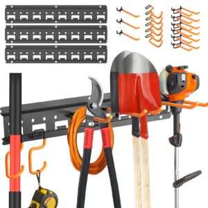 unaikoo garden tool organizer wall mount - garage storage and organization yard tool hanger with adjustable pegboard hooks shed rack for broom mop shovel rake trimmers, 48 inch max 550lbs, black