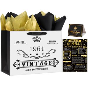 60th birthday gift wrap bag vintage 1964 gift bag, 60th birthday decorations paper bag with tissue paper & back in 1964 poster, happy birthday gift bag for 60 years old women/men 13" x 10" x 5"