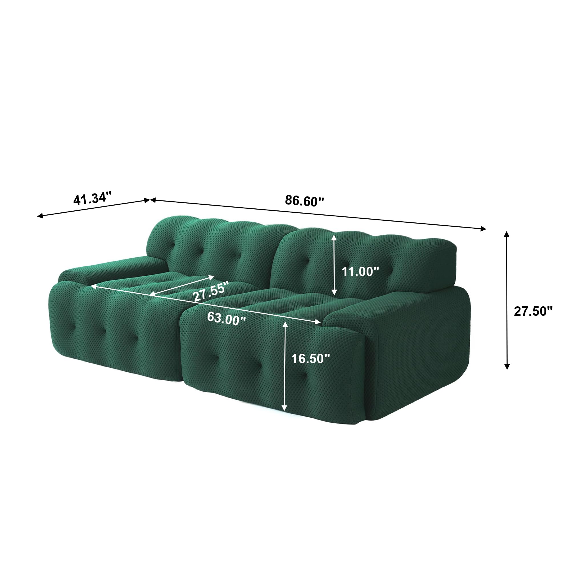 86.6inch Modular Sectional Couch,Oversized Loveseat Sofa, 3D Mesh Fabric Comfy Cloud Sofa Couches, Curved Couch for Living Room, Office, Apartment,No Assembly Required (Green, 86.6")