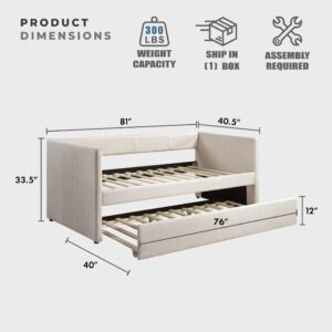 Lexicon Upholstered Daybed with Trundle, Textured Fabric Twin Day Bed Frame with Backrest and Wood Slat Support, Twin Trundle Daybed Sofa Bed for Bedroom Guest Room, No Box Spring Needed, Beige