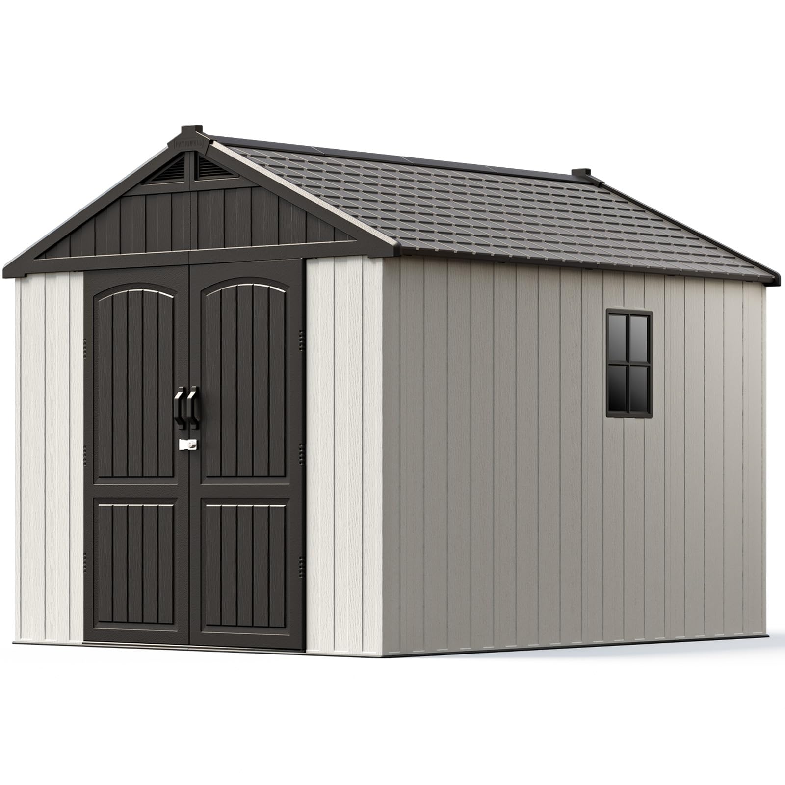 Patiowell 8 x 10 FT Resin Outdoor Storage Shed with Floor, Plastic Shed with Window and Lockable Door for Garden, Backyard, Tool Storage Use, Easy to Install in Beige (Kick-it Shed)