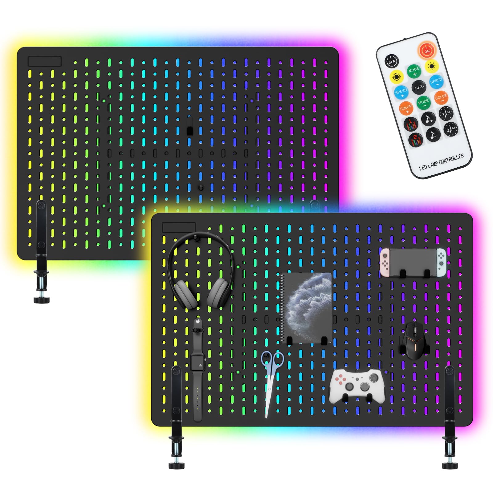 TINLOK LED Gaming Desk Pegboard,Clamp-on Gaming Desk Organizer,USB Powered,LED Light Desk Pegboard with Music Sync,22.2 x 14.5inch,Black 2PCS