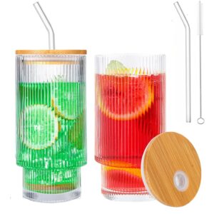 poydora 16 oz glass cups with lids and straws, vintage ribbed coffee cups drinking glasses, beer glasses, iced coffee glasses, cute tumbler cup, ideal for whiskey,cocktail,wine (2 pack)