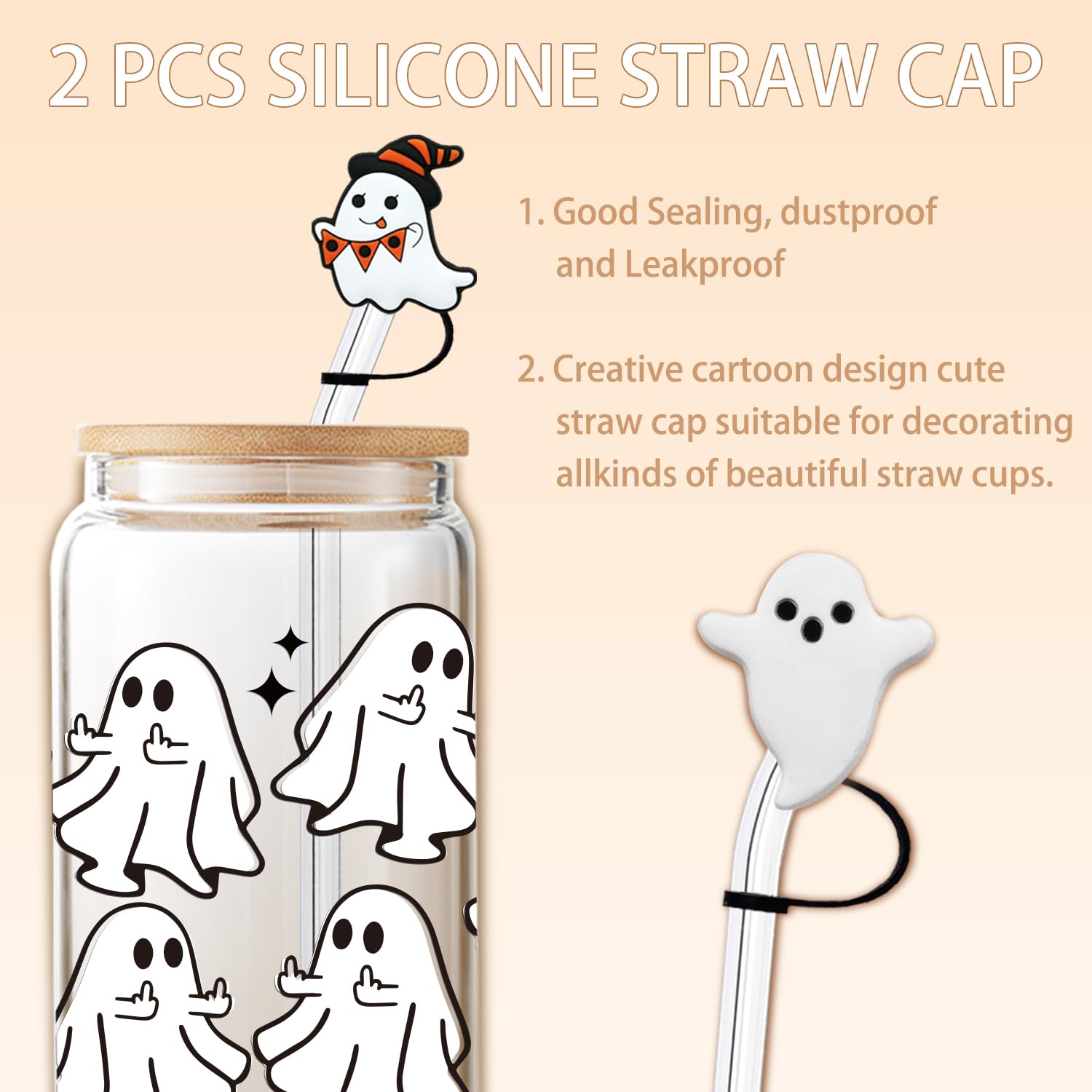 Halloween Ghost Glass Cups With Lid & Straw - 16 oz Spooky Halloween Iced Coffee Tumbler, Cute Halloween Gifts for Women, Teens Girls, Boo Basket Stuffers Items, Include 2 Silicone Straw Covers