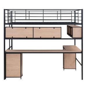 Harper & Bright Designs Full Size Metal Loft Bed with Desk, Bookcase and Storage Cabinet, Modern Heavy-Duty Steel Frame, for Kids Teens Adults (Black)