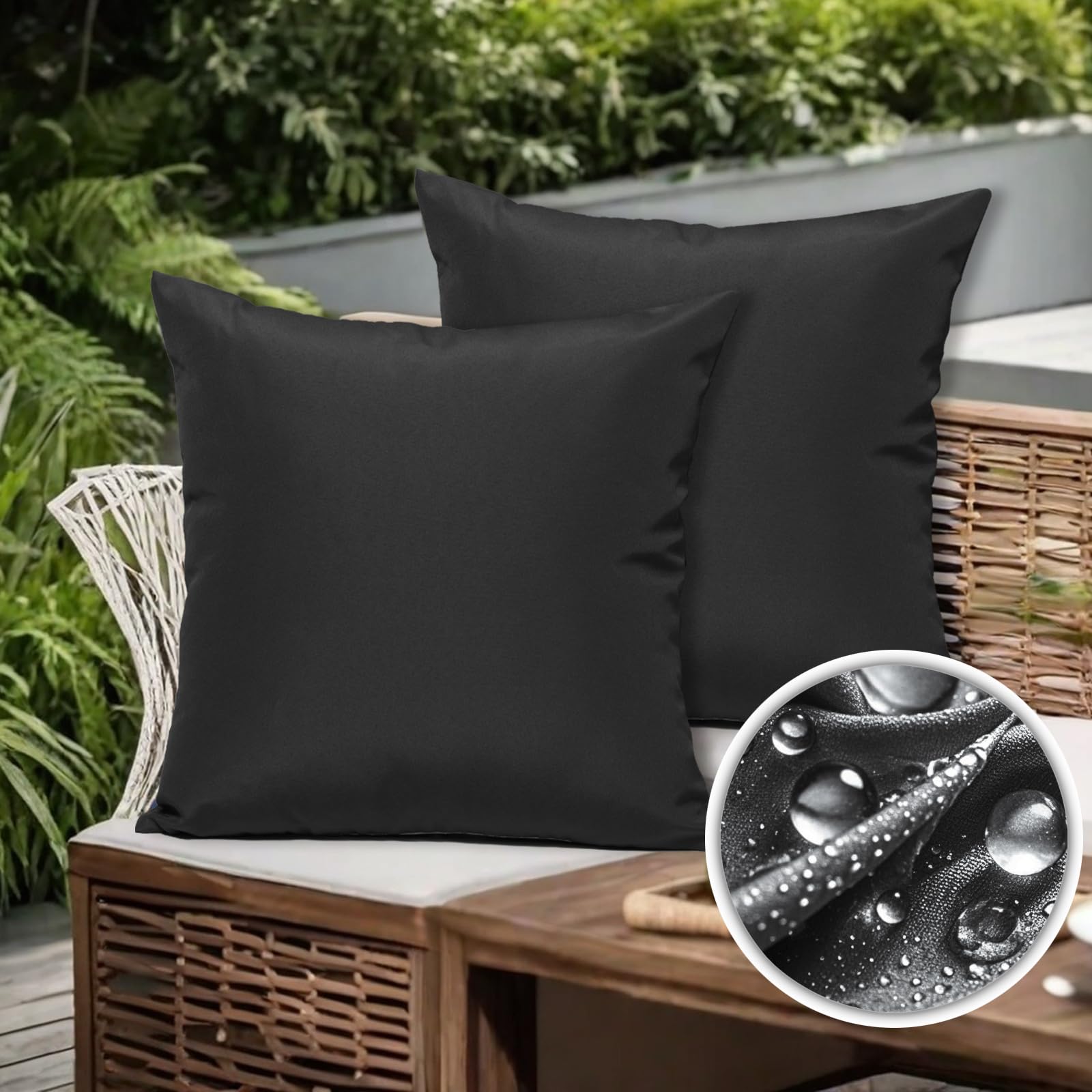 SUSIE'S GARDEN Outdoor Waterproof Throw Pillow Covers 18x18 Set of 2 Decorative Black Patio Furniture Cushion Covers Outside Decor for Couch Garden Bench Tent Balcony Sofa