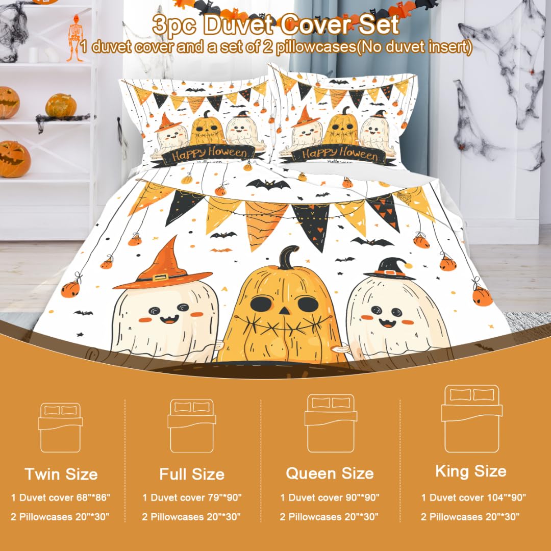 DiuuDi Halloween Duvet Cover King Size 3D Printed White Background Duvet Cover Set Halloween Pumpkin Ghost Spider Web Festival Gift Comforter Cover Cozy Quilt Cover with 2 Pillowcases