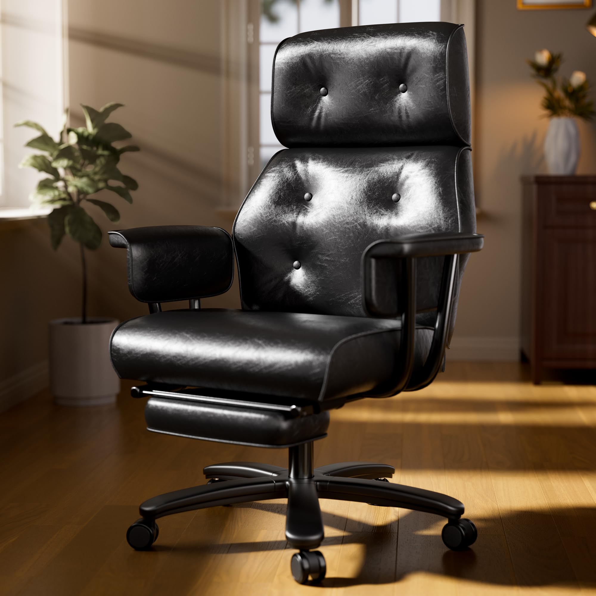 SeekFancy Reclining Office Chair with Footrest, Big and Tall Office Chair 400lbs Wide Seat, Leather High Back Executive Office Chair, Ergonomic Vintage Desk Chair, Heavy Duty Black Computer Chair