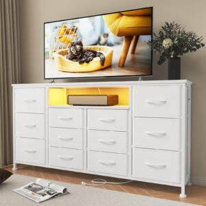 wodrawer tv stand dresser for bedroom with 12 drawers for 60" tv, fabric drawers entertainment center with power outlets & led lights & open shelves, long dresser for console, living room