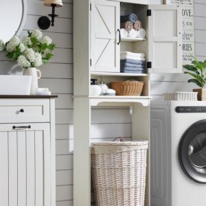 ACCOHOHO Over The Toilet Storage Cabinet, Farmhouse Bathroom Cabinet with Adjustable Shelf & Barn Door, 67" Tall Over The Toilet Shelf, Off White