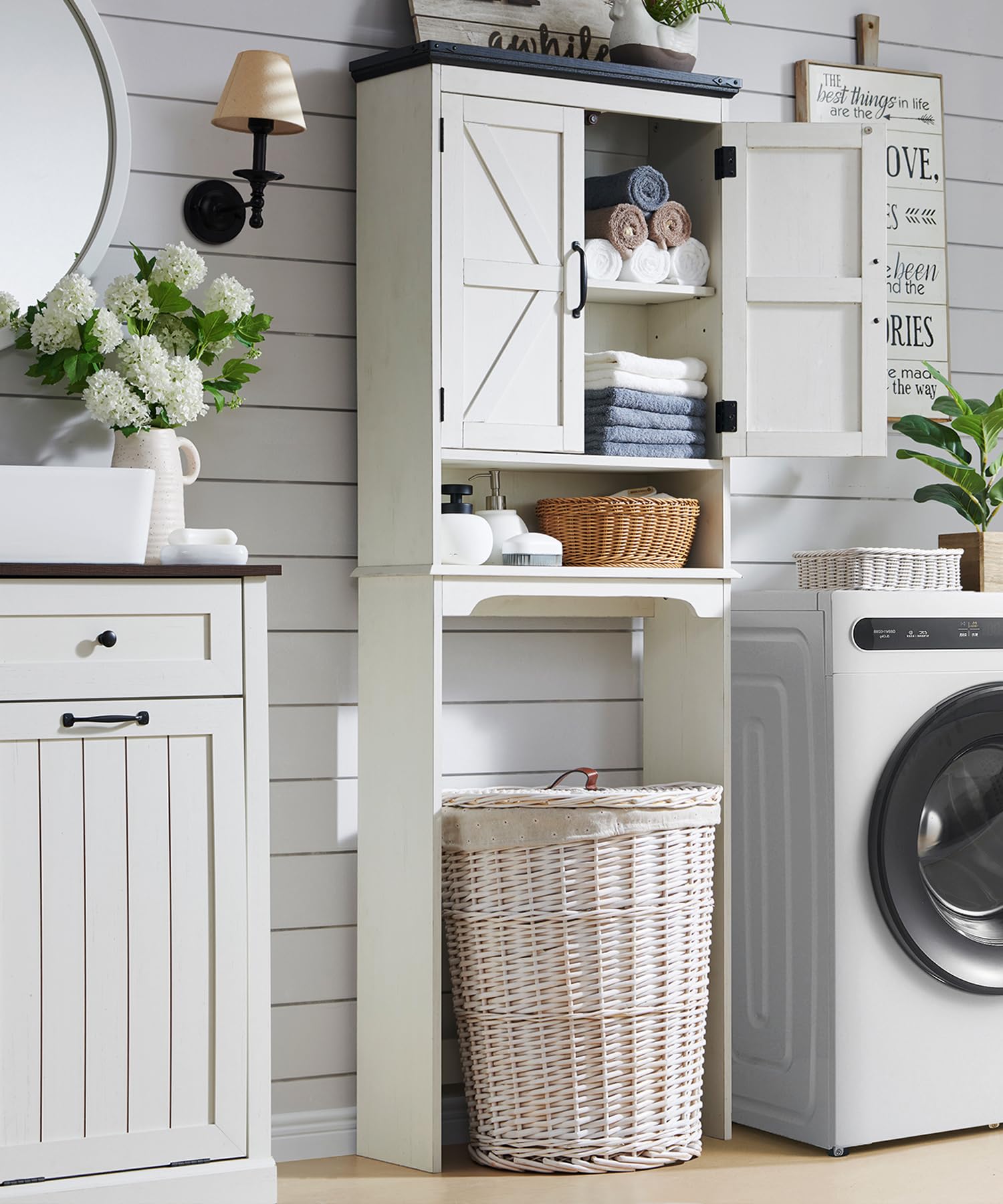 ACCOHOHO Over The Toilet Storage Cabinet, Farmhouse Bathroom Cabinet with Adjustable Shelf & Barn Door, 67" Tall Over The Toilet Shelf, Off White