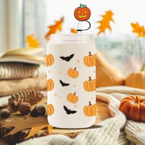 Halloween Pumpkins & Bats Glass Cup with Fall Silicone Straw Covers, Cute Halloween Gifts for Her – 16 oz Iced Coffee Tumbler with Lid & Straw, Spooky Boo Basket Stuffers Items for Women