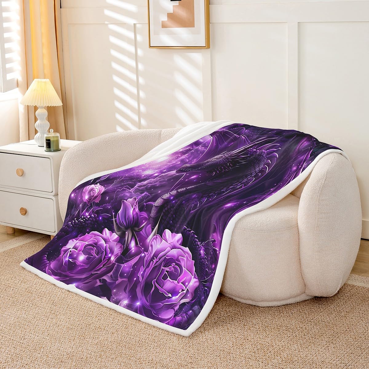 Erosebridal Western Dragon Throw Blanket Queen 90"X90" Purple Rose Flower Fleece Blanket Gothic Galaxy Dragon Sherpa Blanket for Kids Boys Teen Men,Magical Animal Fuzzy Blanket