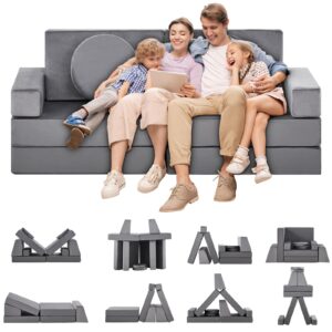 ofcasa 10pcs modular kids play couch, toddler baby playroom | bedroom furniture for playing, children's combo sofa, convertible kids sofa couch with soft foam sofa cushions | kids fort couch (grey)