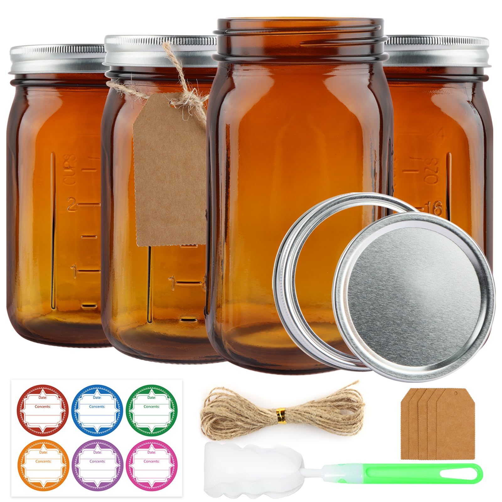 CARBLIN 4 Pack Mason Jars 32 oz, Amber Wide Mouth Canning Jars with Airtight Lids, Glass Pint Jars with Bands Labels Brush, Large Storage Quart Jars for Jam Fermenting Preserving