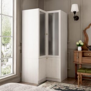 TAMUNE L-Shape Wardrobe Armoire Closet with Hanging Rod & Shelf, Bedroom Armoire with Frosted Glass Doors, Clothes Wardrobe with Gold Knobs, Wood Grain, 35.4”D x 35.4”W x 70.9”H