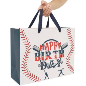 13” Large Baseball Happy Birthday Gift Bag Set with Handles, Greeting Card, Tissue Papers and Stickers for Boys Kids Teens, Sport Themed Birthday Design, 1 Pcs