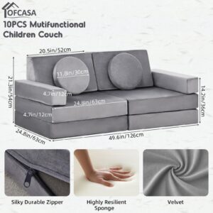 OFCASA 10PCS Modular Kids Play Couch, Toddler Baby Playroom | Bedroom Furniture for Playing, Children's Combo Sofa, Convertible Kids Sofa Couch with Soft Foam Sofa Cushions | Kids Fort Couch (Grey)