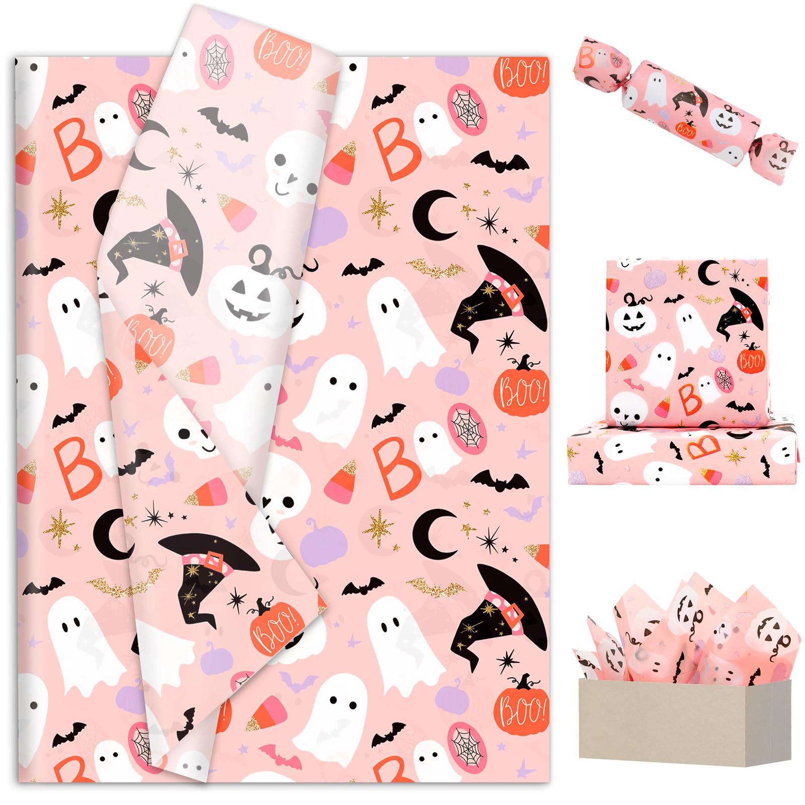 JarThenaAMCS 100 Sheets Halloween Tissue Paper Pink Pumpkin Ghost Boo Gift Wrapping Paper for DIY Art Crafts Birthday Holiday Baby Shower, 14 x 20 Inch