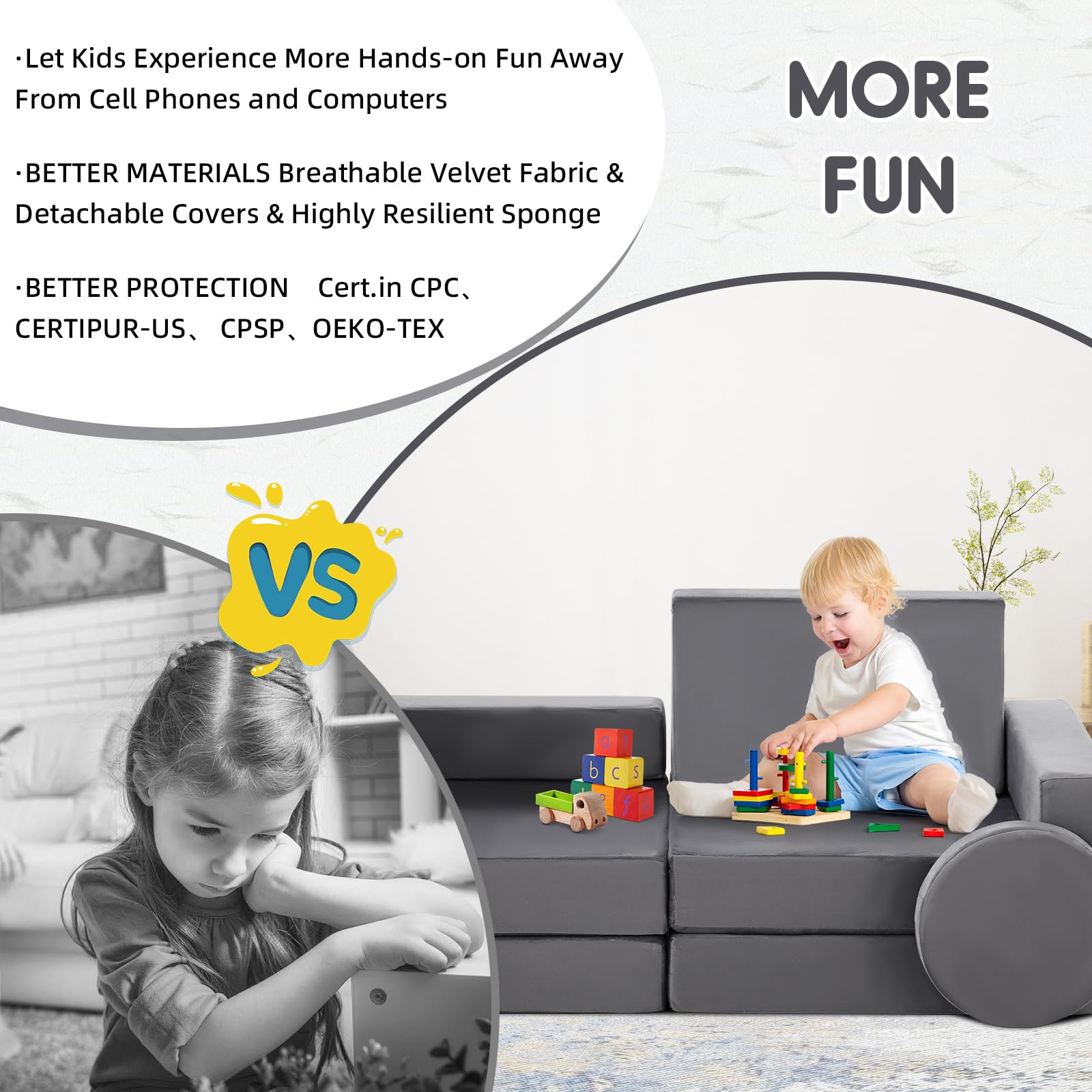 OFCASA 10PCS Modular Kids Play Couch, Toddler Baby Playroom | Bedroom Furniture for Playing, Children's Combo Sofa, Convertible Kids Sofa Couch with Soft Foam Sofa Cushions | Kids Fort Couch (Grey)