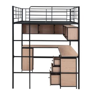 Harper & Bright Designs Full Size Metal Loft Bed with Desk, Bookcase and Storage Cabinet, Modern Heavy-Duty Steel Frame, for Kids Teens Adults (Black)