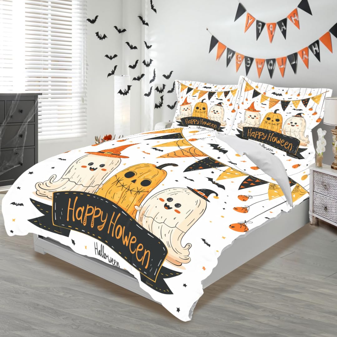 DiuuDi Halloween Duvet Cover King Size 3D Printed White Background Duvet Cover Set Halloween Pumpkin Ghost Spider Web Festival Gift Comforter Cover Cozy Quilt Cover with 2 Pillowcases