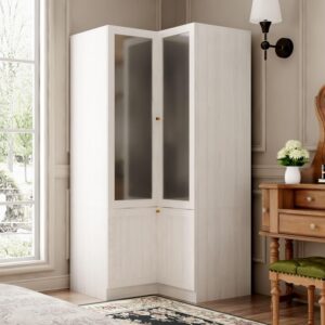 tamune l-shape wardrobe armoire closet with hanging rod & shelf, bedroom armoire with frosted glass doors, clothes wardrobe with gold knobs, wood grain, 35.4”d x 35.4”w x 70.9”h