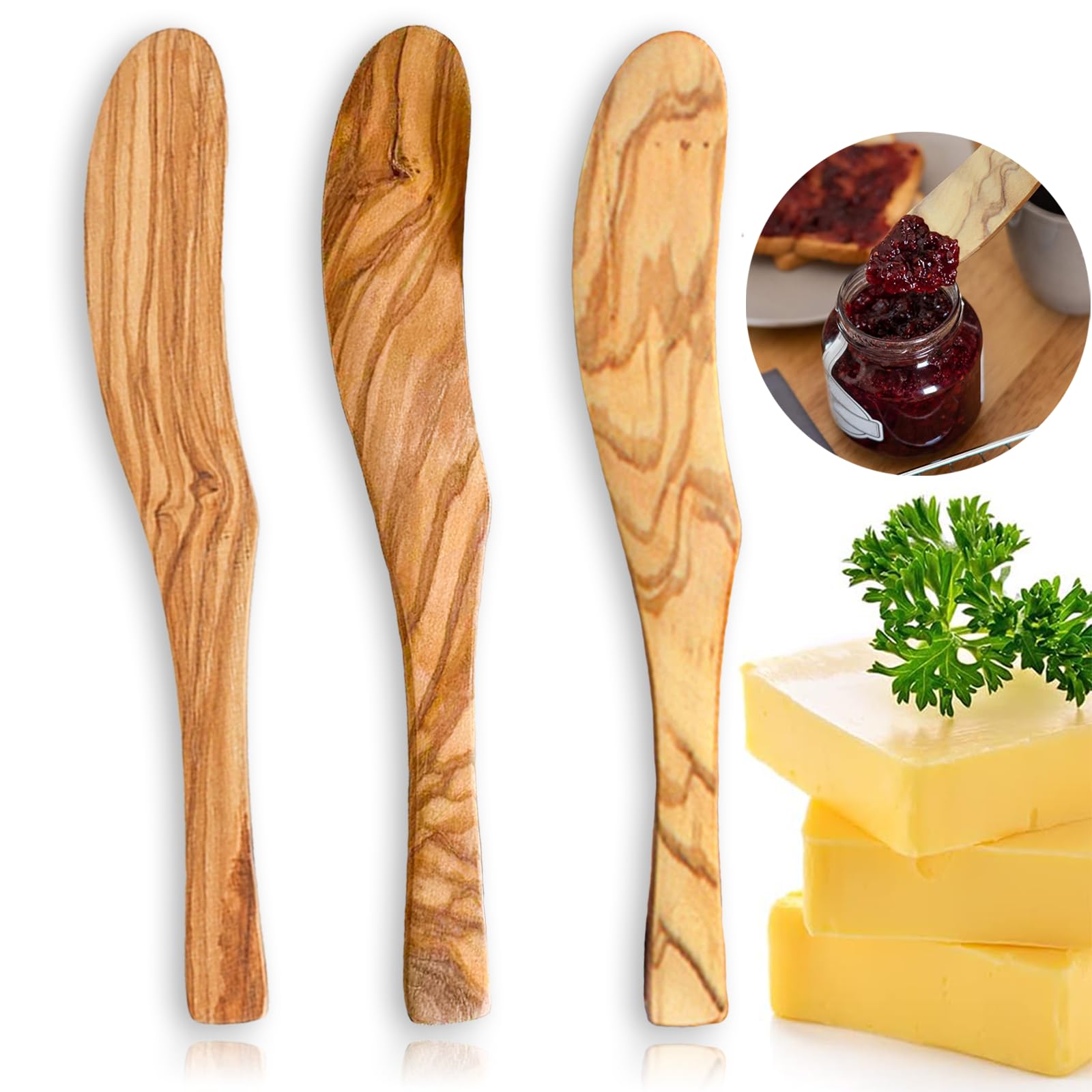 FHUMMYBT 3PCS Olive Wooden Butter Knife, 6.8 Inch Jam Spreader Knives, Jelly Cheese Spreaders, Cream Spreader, Condiment and Sandwich Knife, Mini Spatulas for Breakfast Dessert